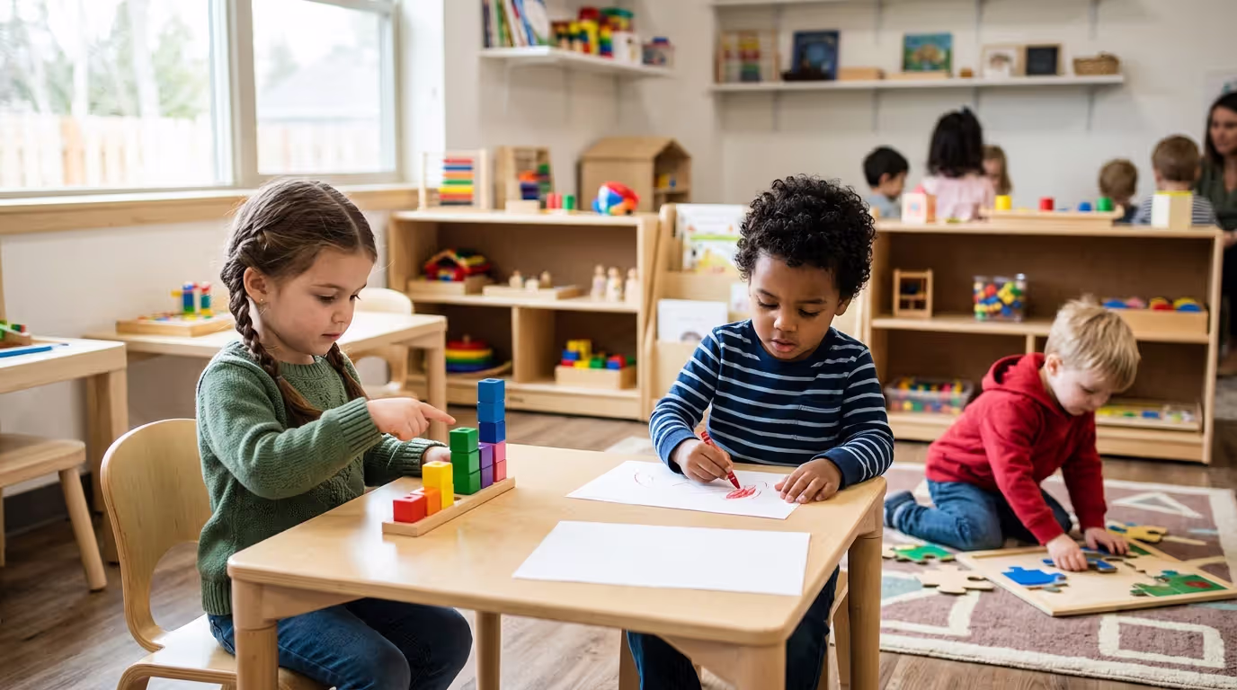 Preschool children practicing counting drawing and problem-solving activities