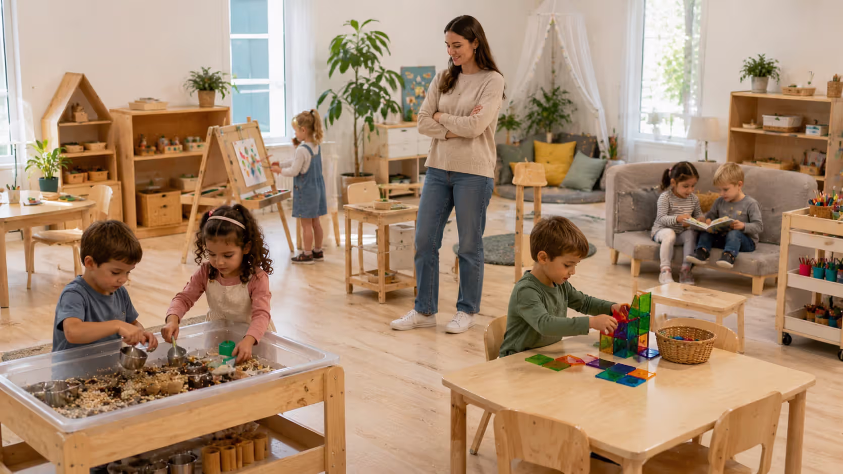 Preschool classroom with play-based learning stations and independent activities