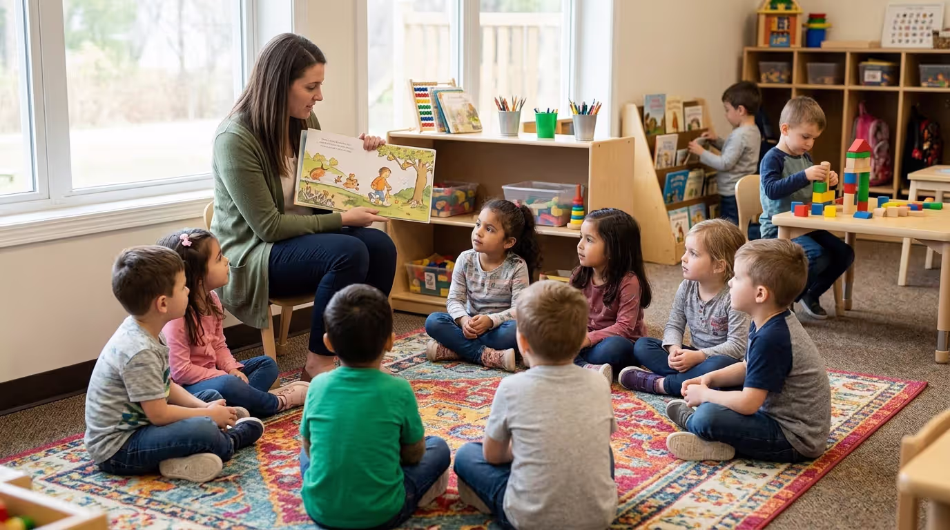 Preschool teacher reading book to children during circle time