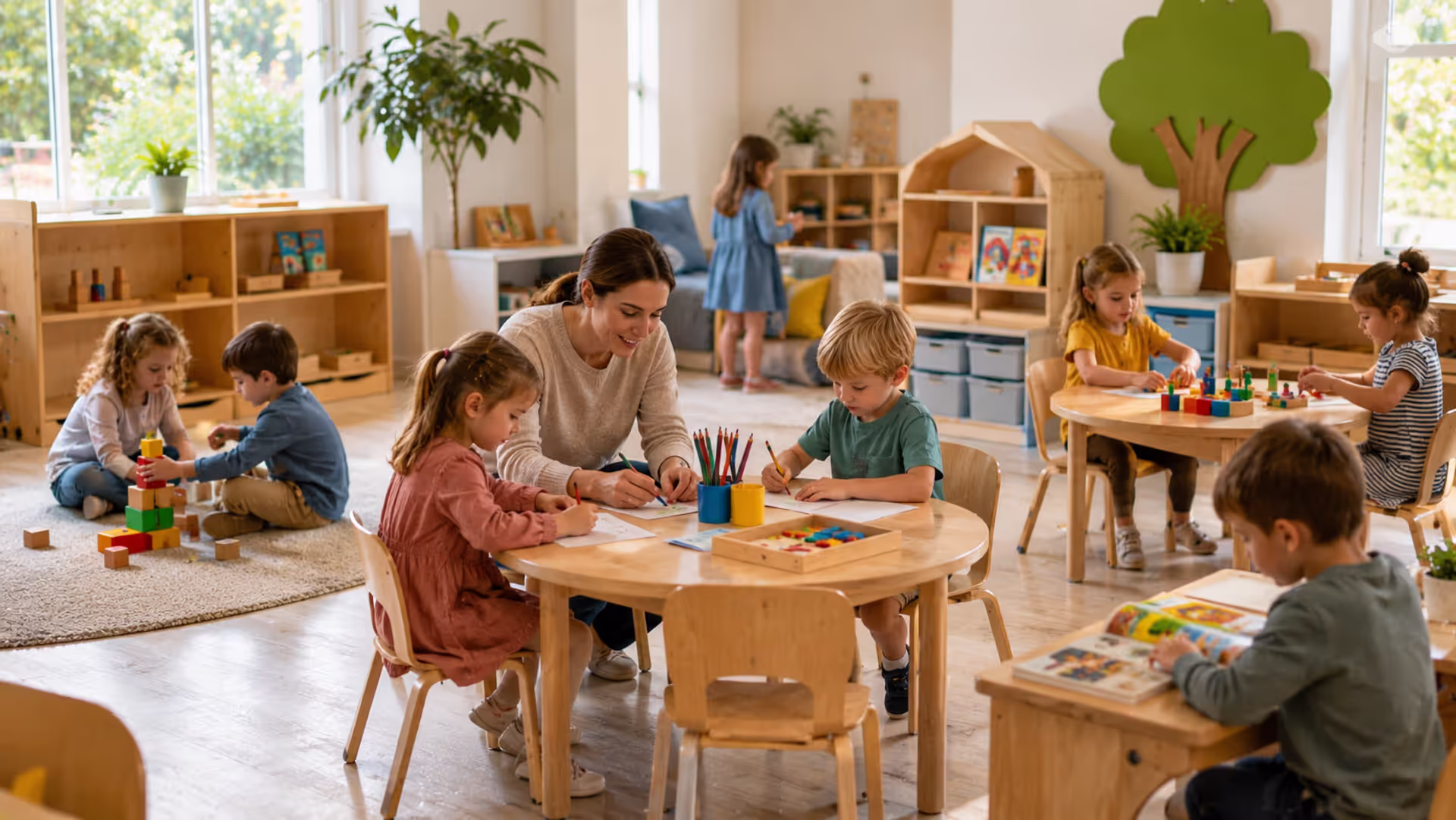 Preschool children learning and playing in modern classroom with teacher