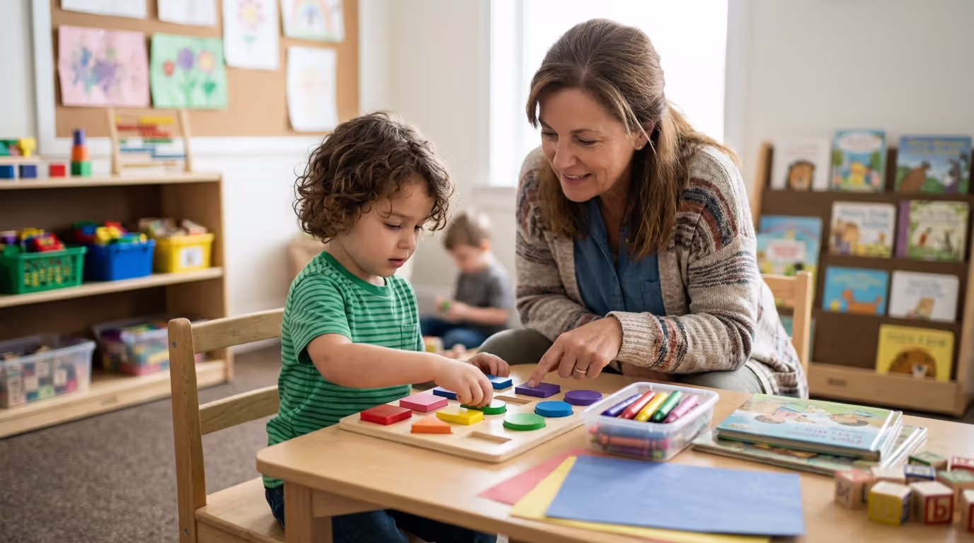 Early childhood teacher helping young child with learning activity