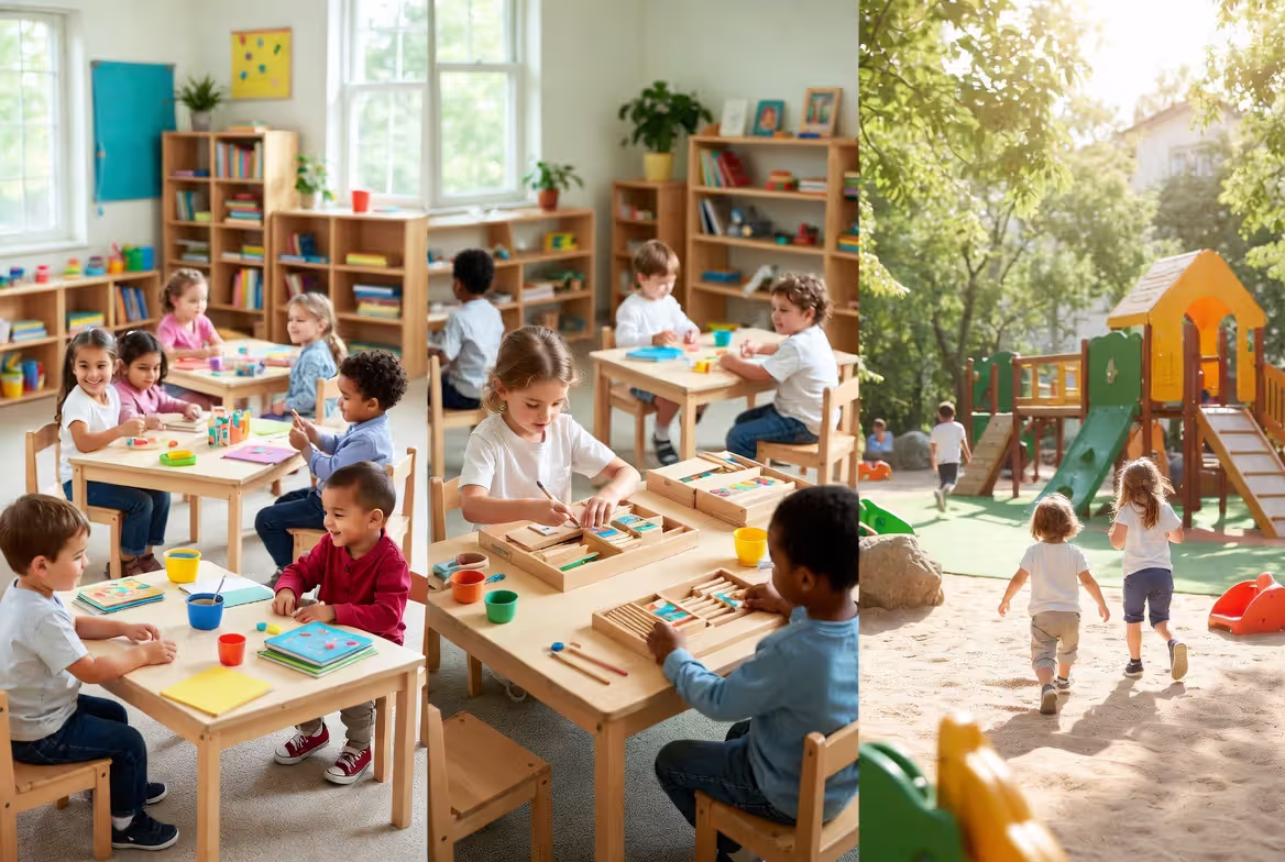 Different early childhood education settings including preschool and Montessori classroom