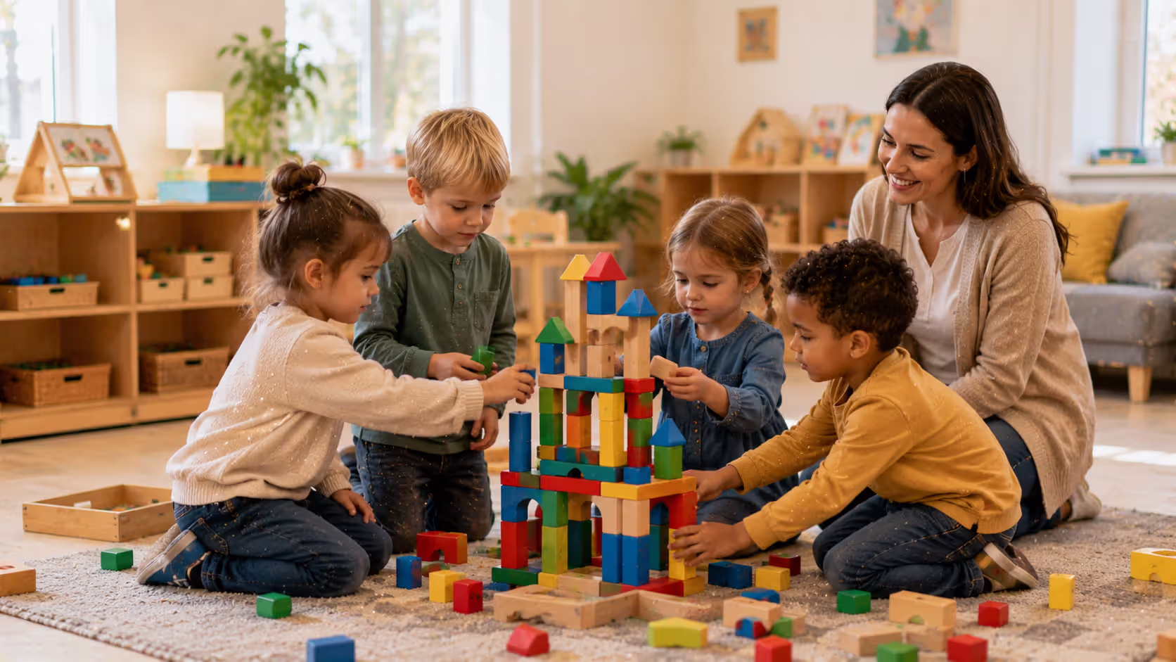 Preschool children developing teamwork and problem-solving skills with blocks