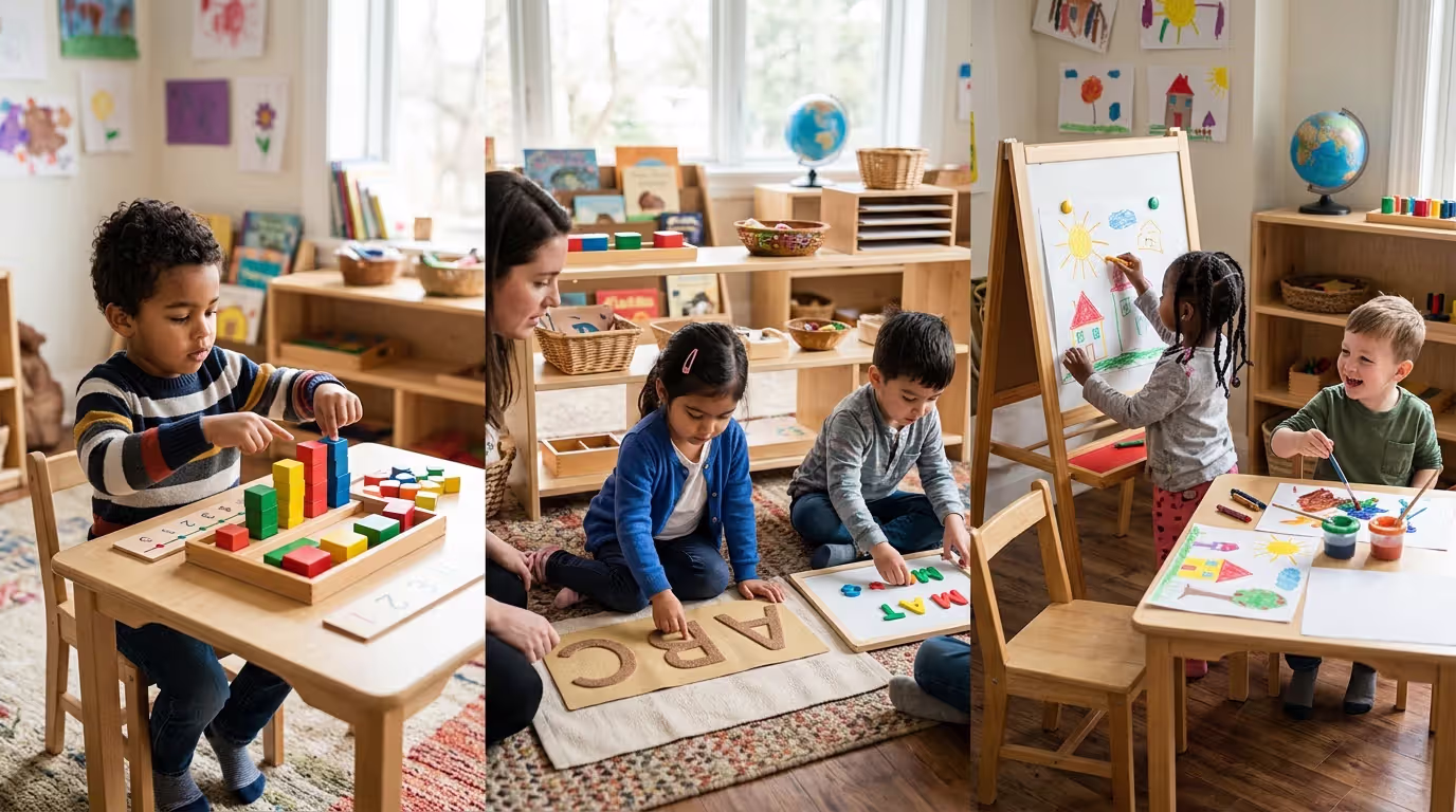 Pre-K children practicing counting literacy and creative activities