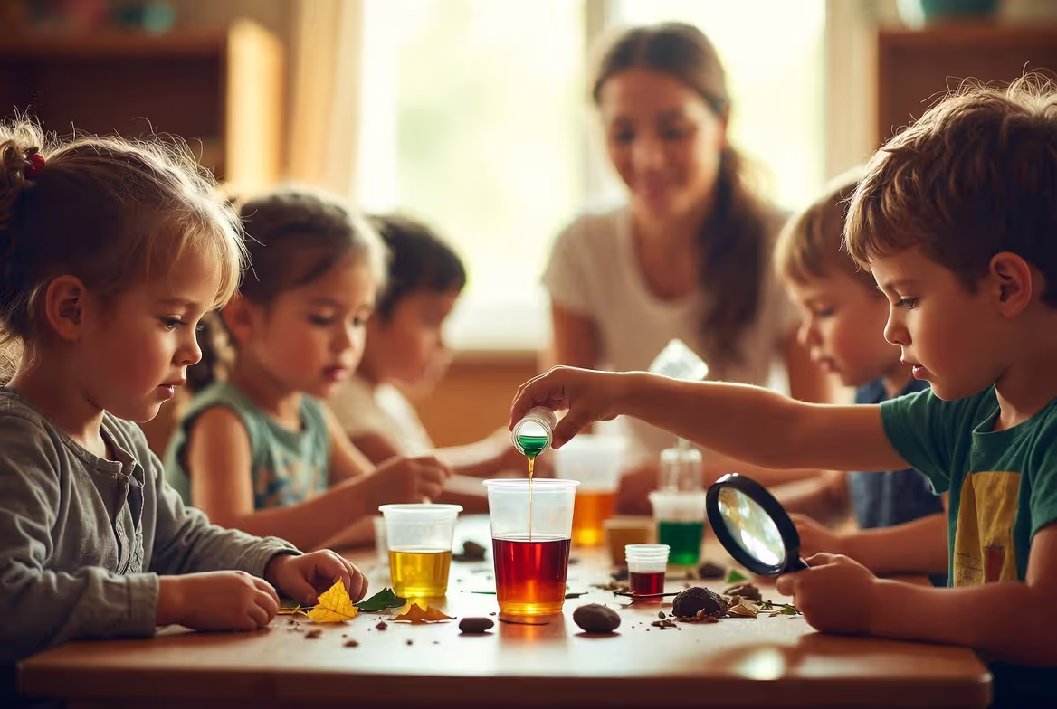 Preschool children exploring science experiment with colors and magnifying glass