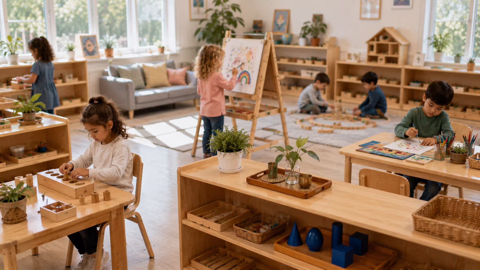 Children exploring different learning stations in pre-K classroom