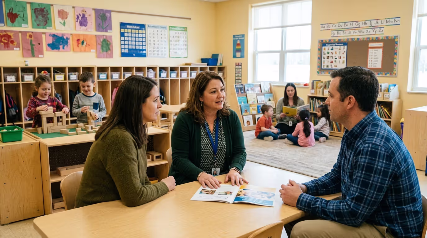 Parents discussing pre-K curriculum with teacher in classroom