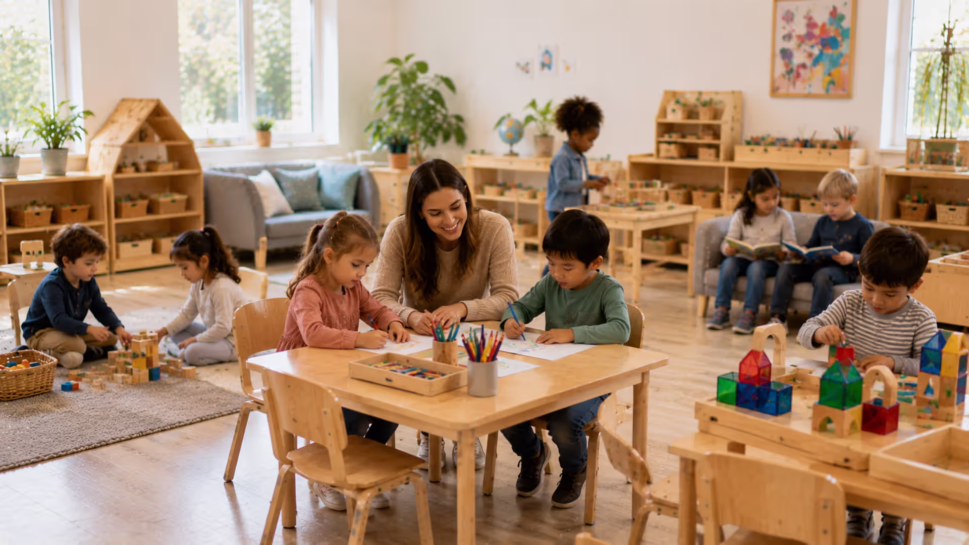 Pre-K children learning and playing in modern classroom environment