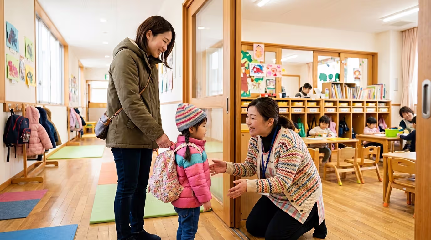 Parent bringing young child to nursery school classroom
