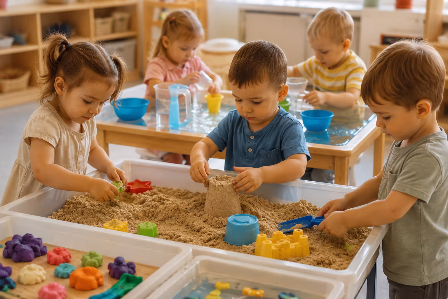 Nursery children exploring sensory play materials together