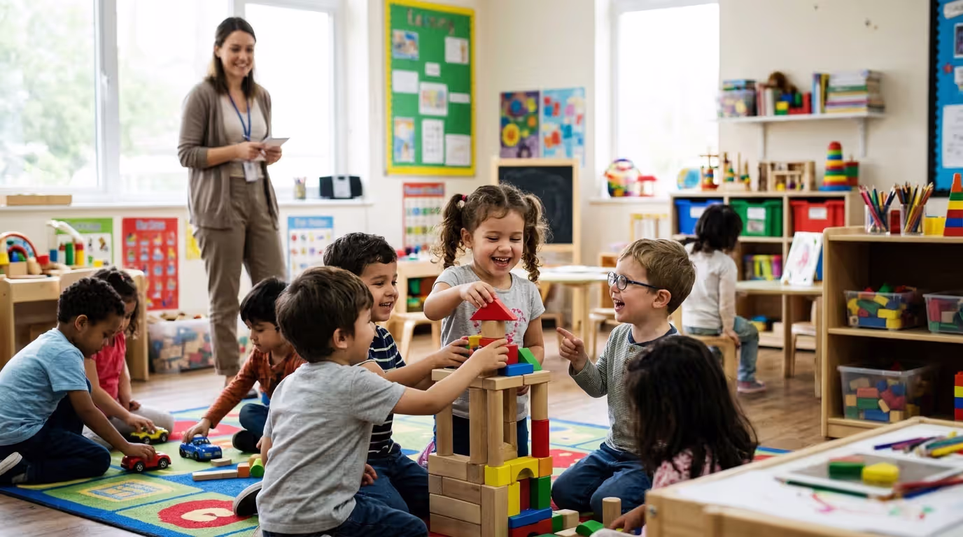 Child interacting and playing with peers in nursery school setting