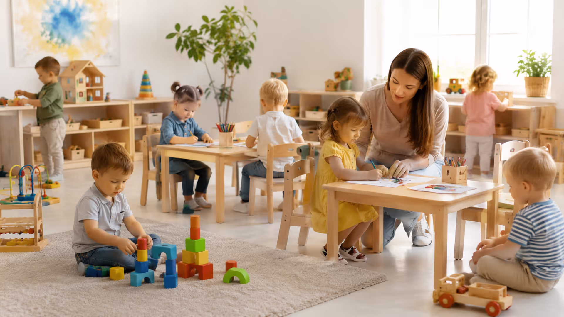 Young children playing and learning in nursery school classroom