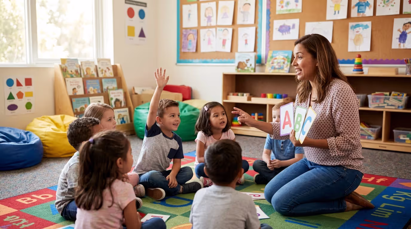 Kindergarten teacher teaching letters and phonics to children