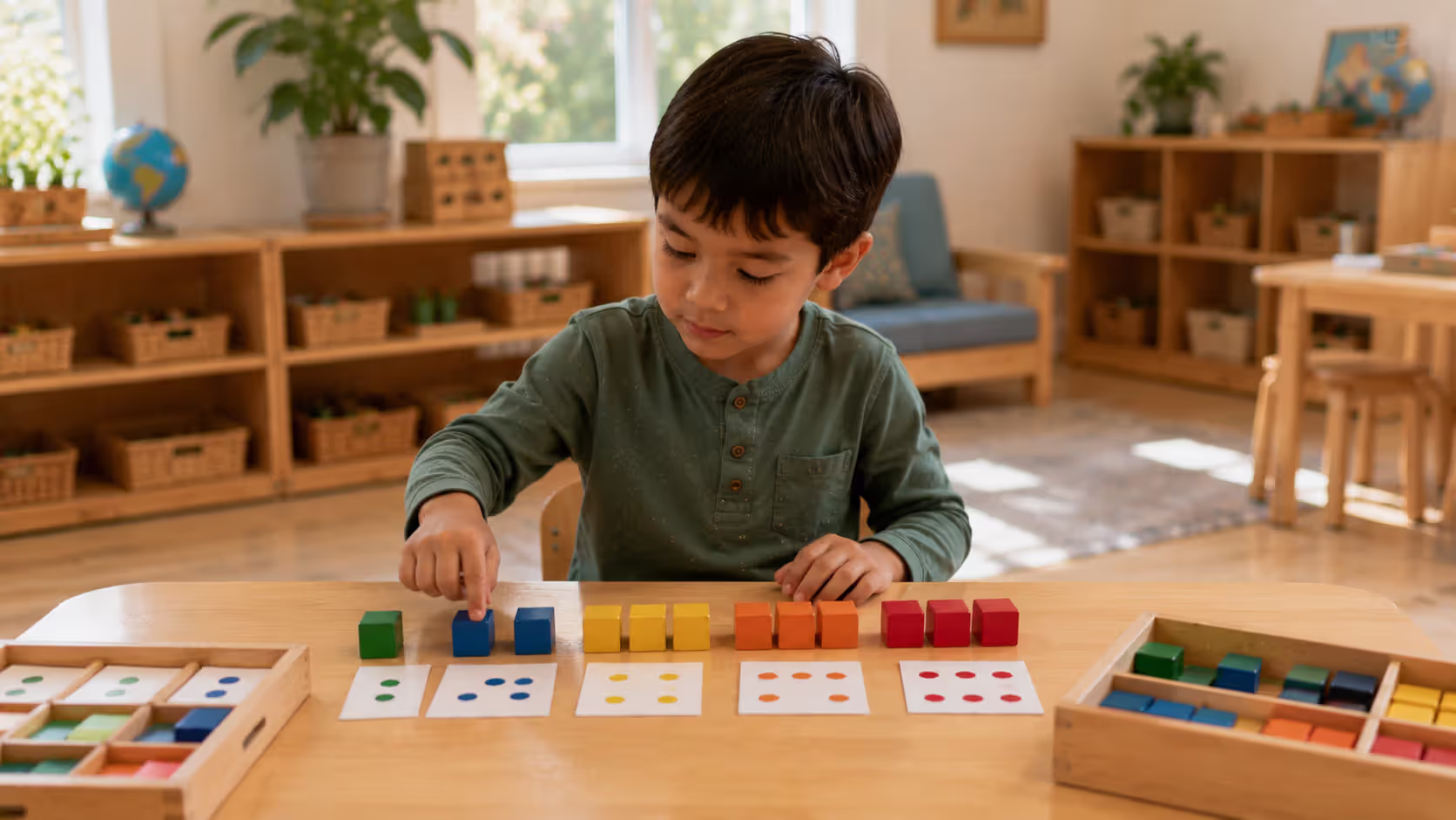 Kindergarten child practicing counting and number recognition with blocks