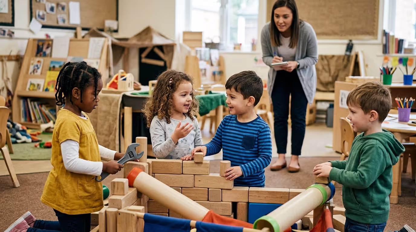 Kindergarten children developing social skills through cooperative play