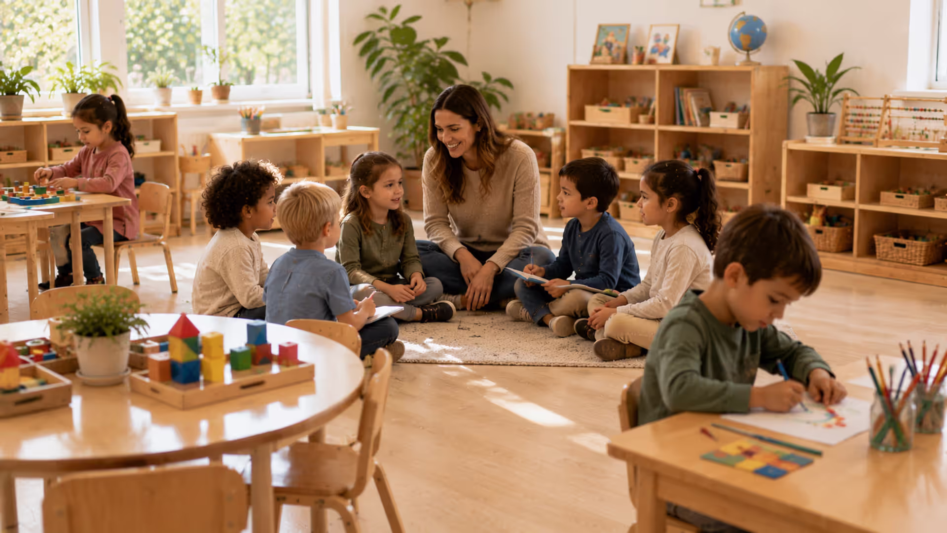 Kindergarten children learning and playing in modern classroom