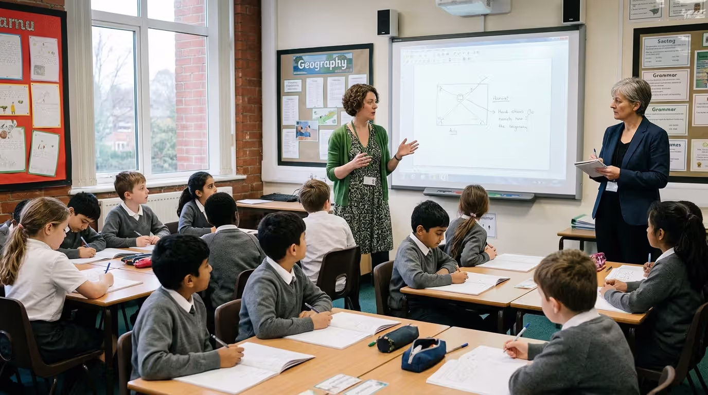 School inspector observing classroom lesson in UK primary school