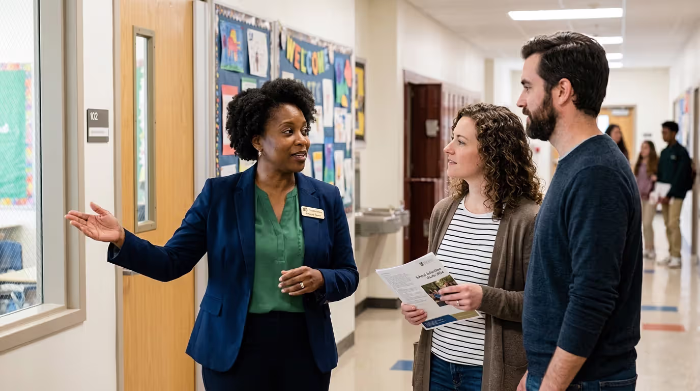 Parents discussing school information with staff during school tour