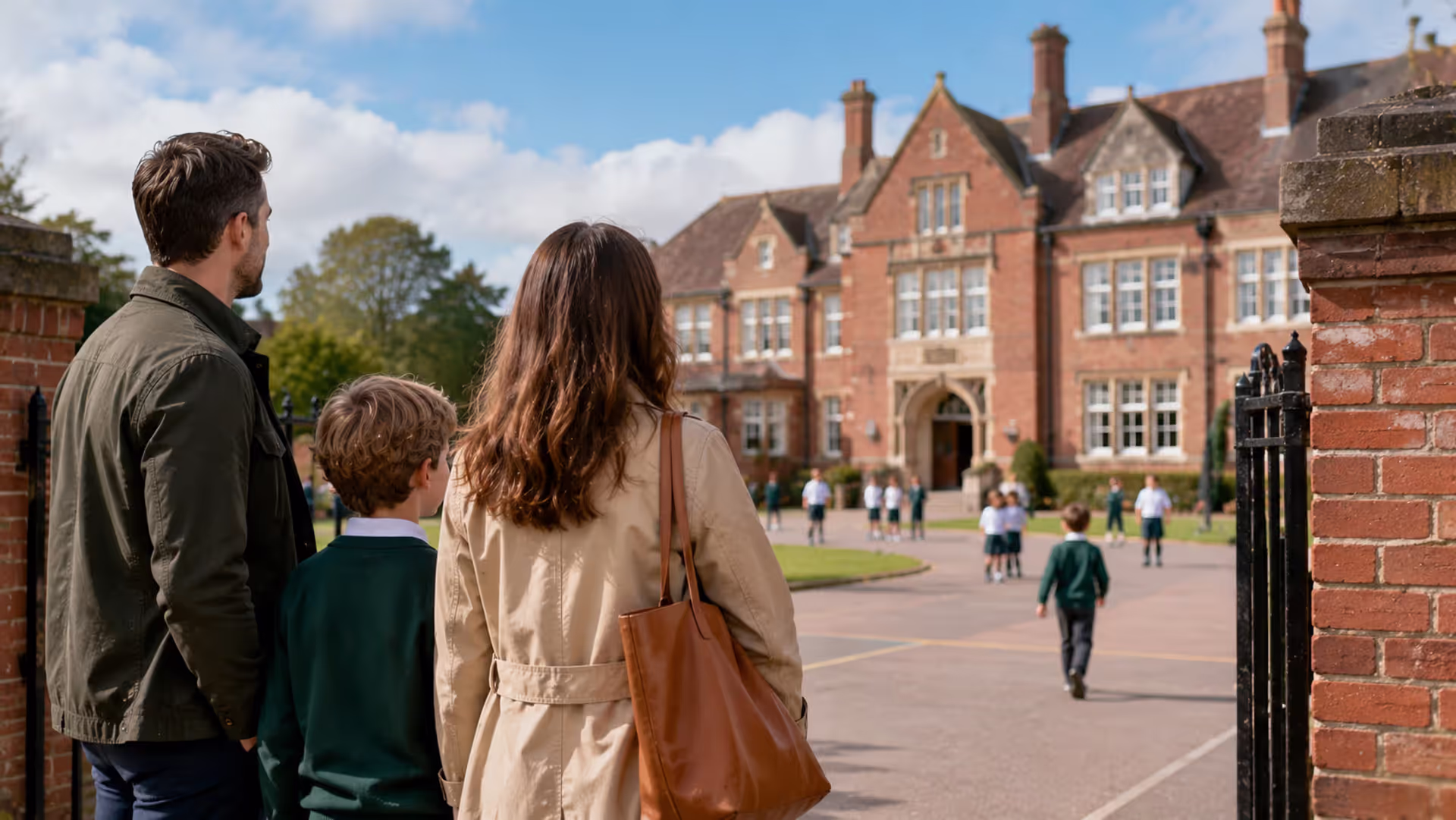 Parents visiting UK school campus while choosing school for child