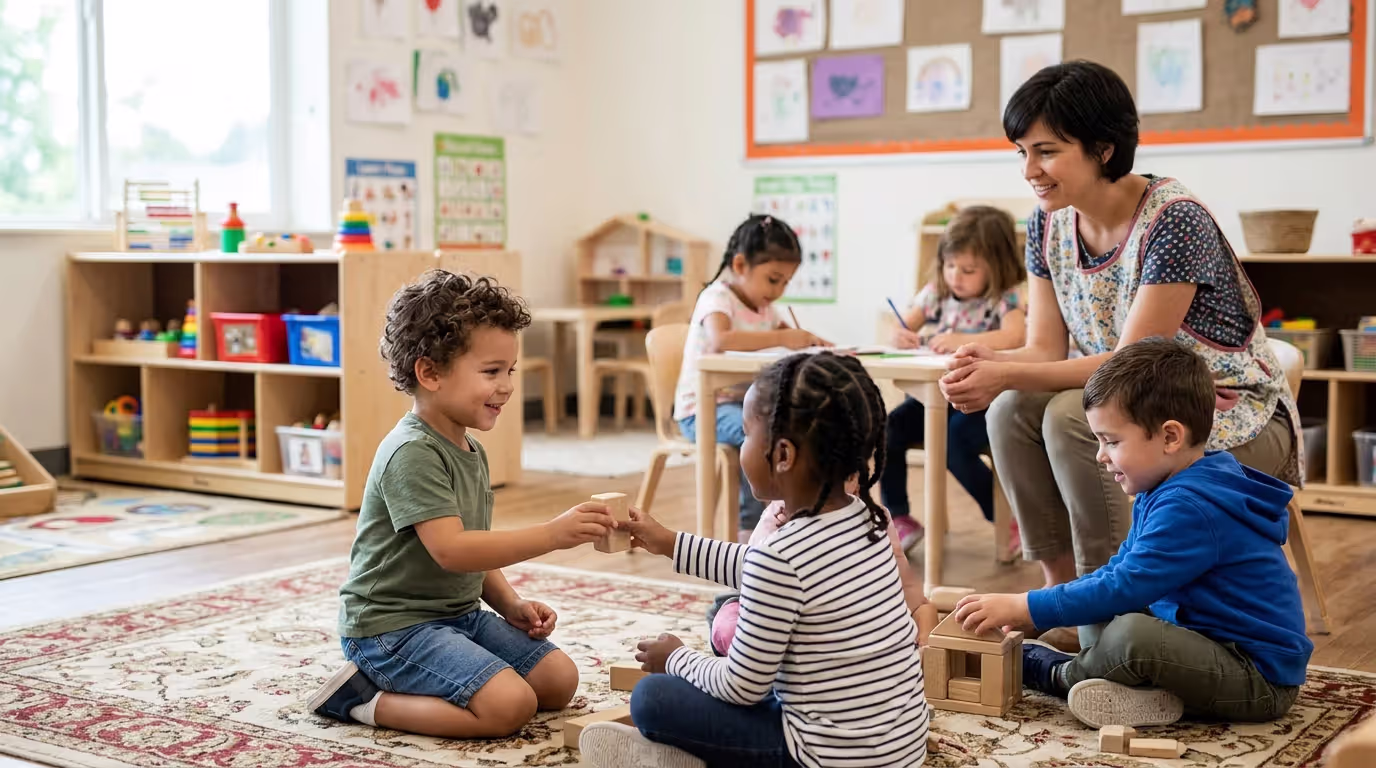 Preschool child happily playing and socializing with classmates