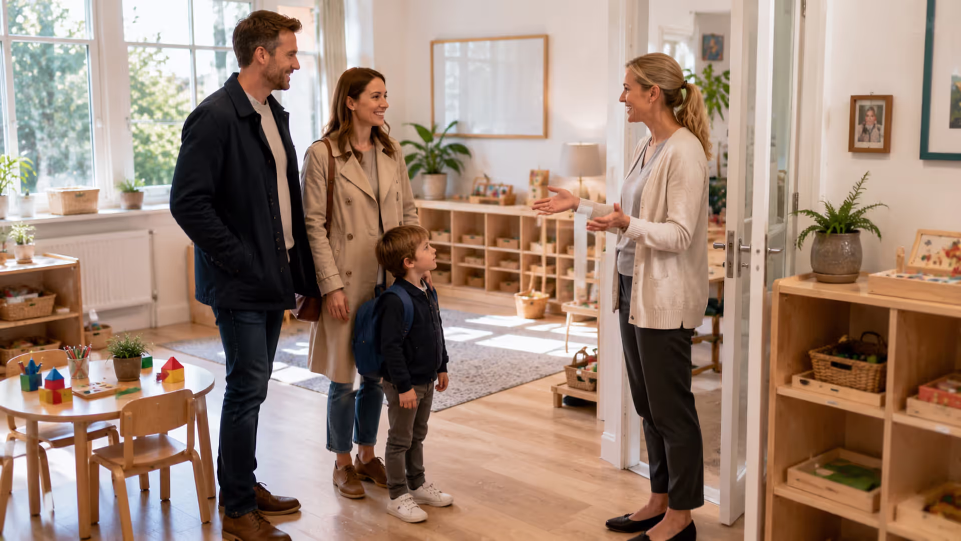 Parents touring private preschool classroom with young child and teacher