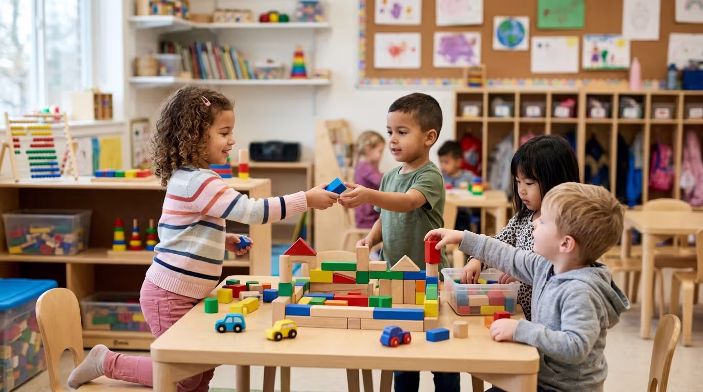 Preschool children practicing sharing and social interaction during play