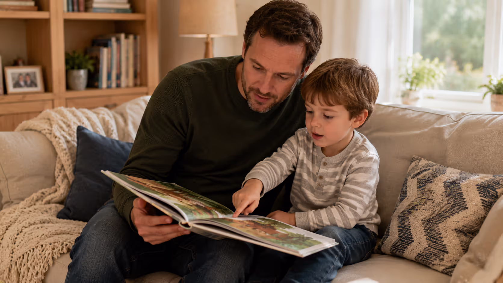Parent reading book with child to support school readiness skills