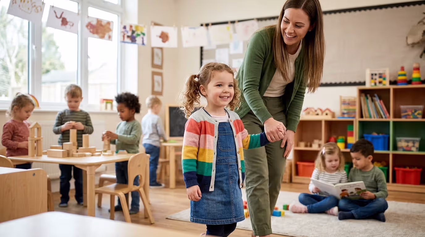 Young child confidently entering preschool classroom with teacher