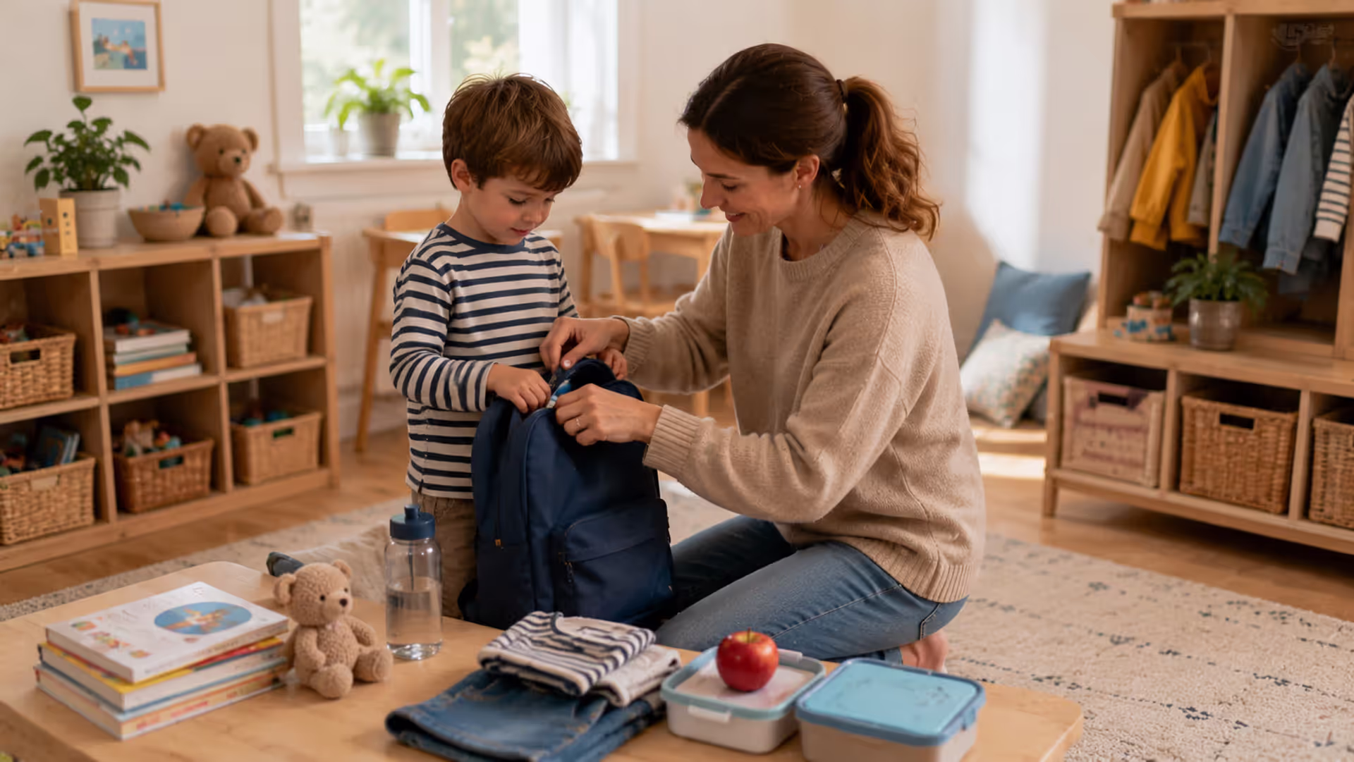 Parent helping young child prepare for preschool at home