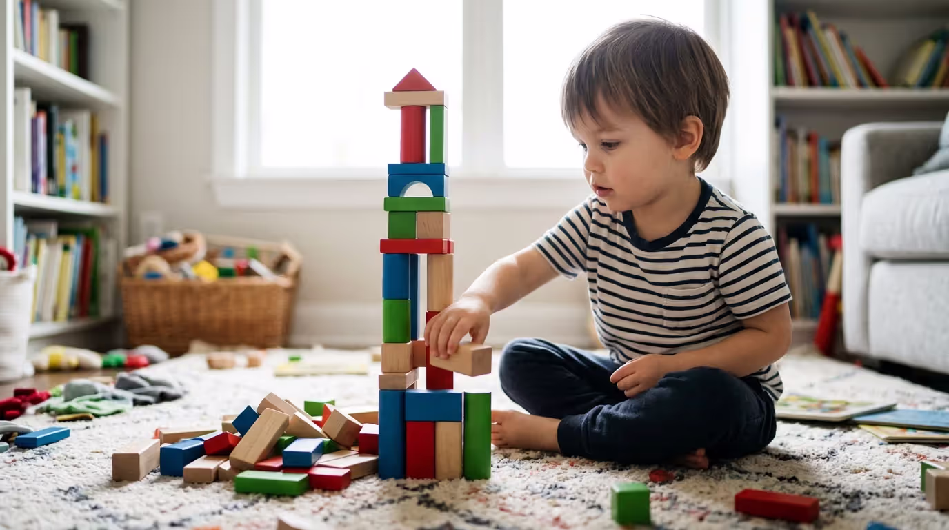 Child rebuilding block tower during STEM problem-solving activity