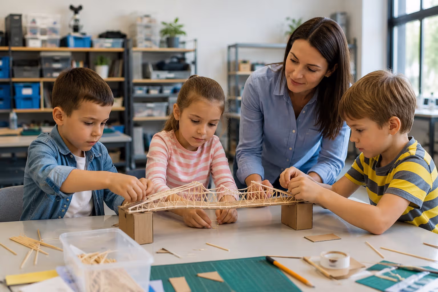 Children building simple engineering bridge project during STEM camp