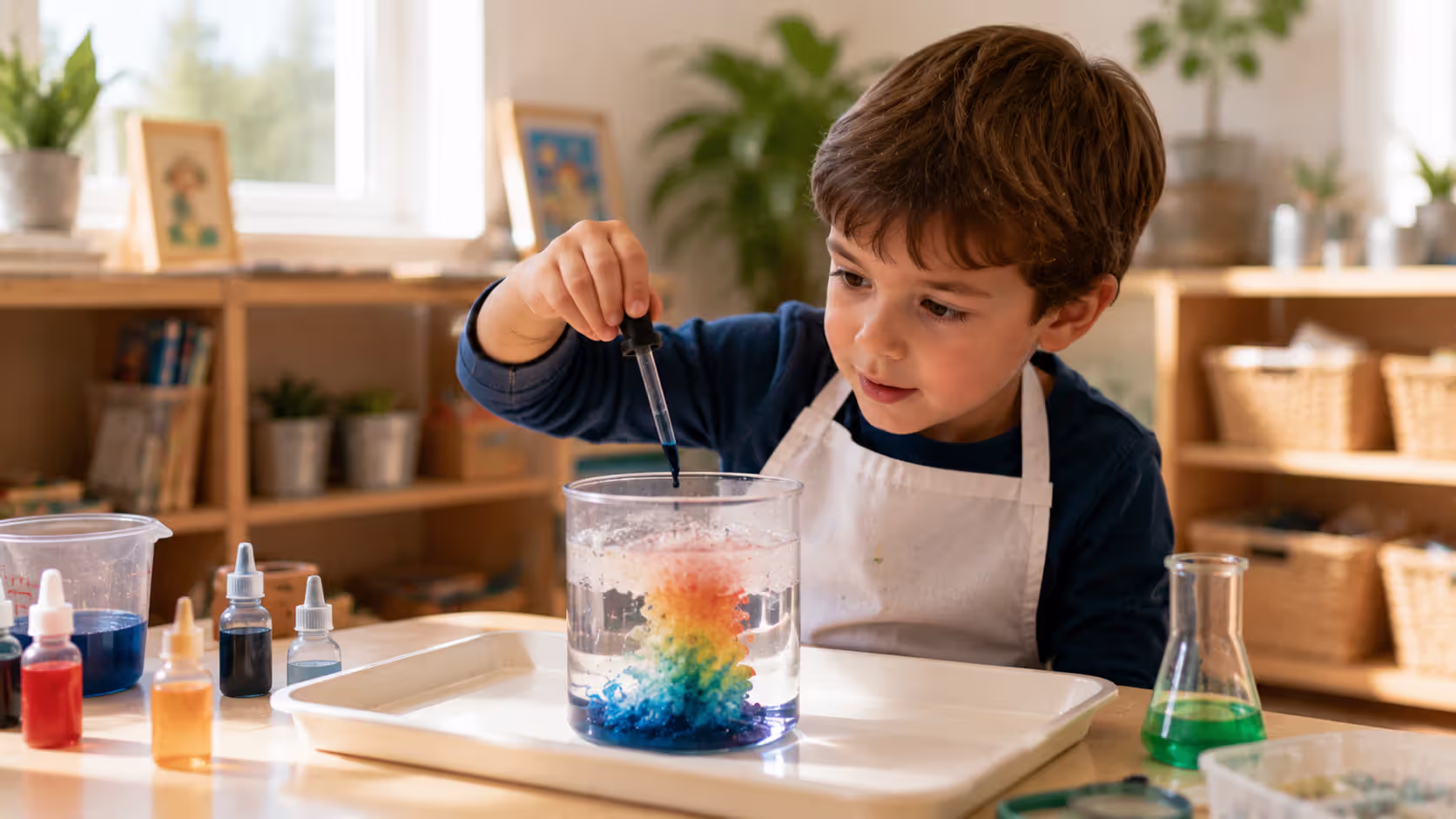 Young child conducting hands-on science experiment at STEM activity table