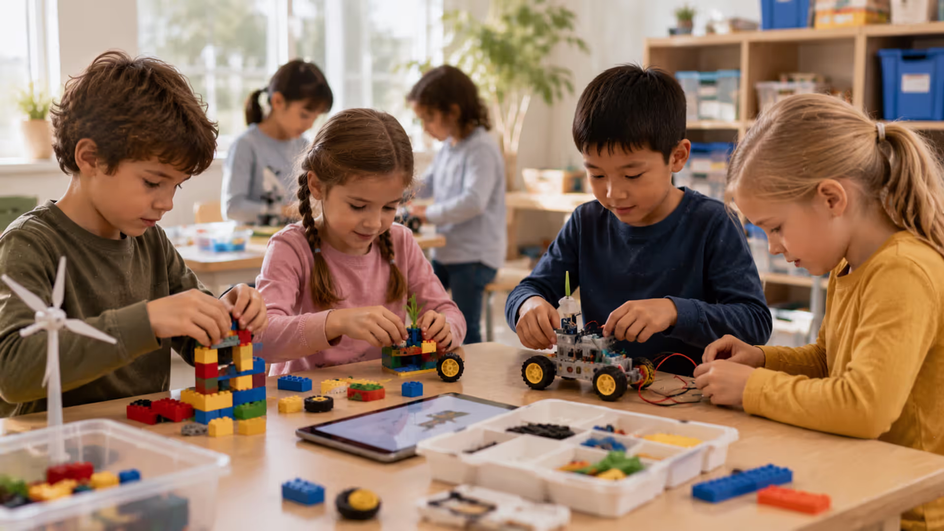 Young children participating in hands-on STEM camp activities