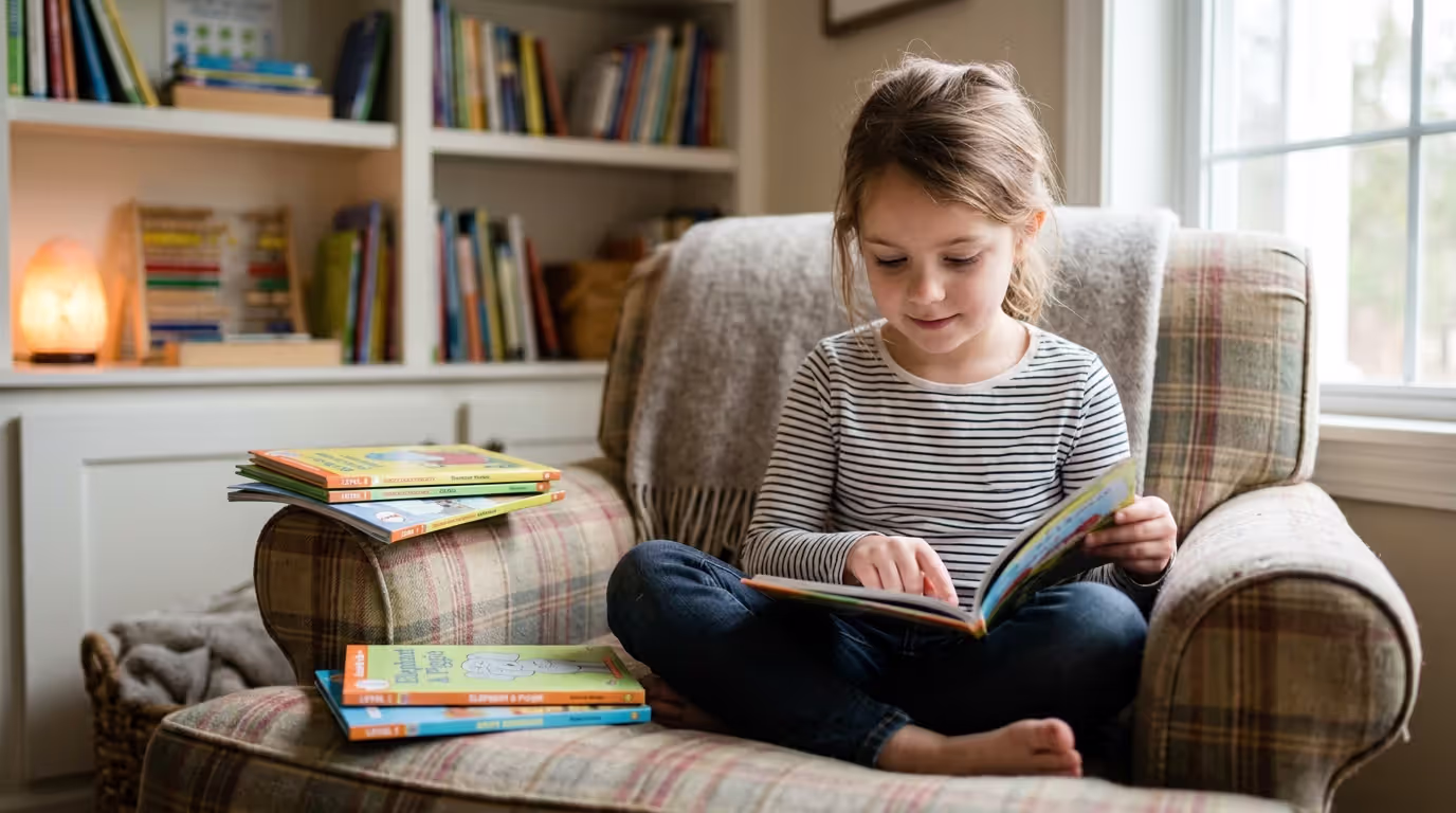 Confident young reader practicing with beginner phonics books