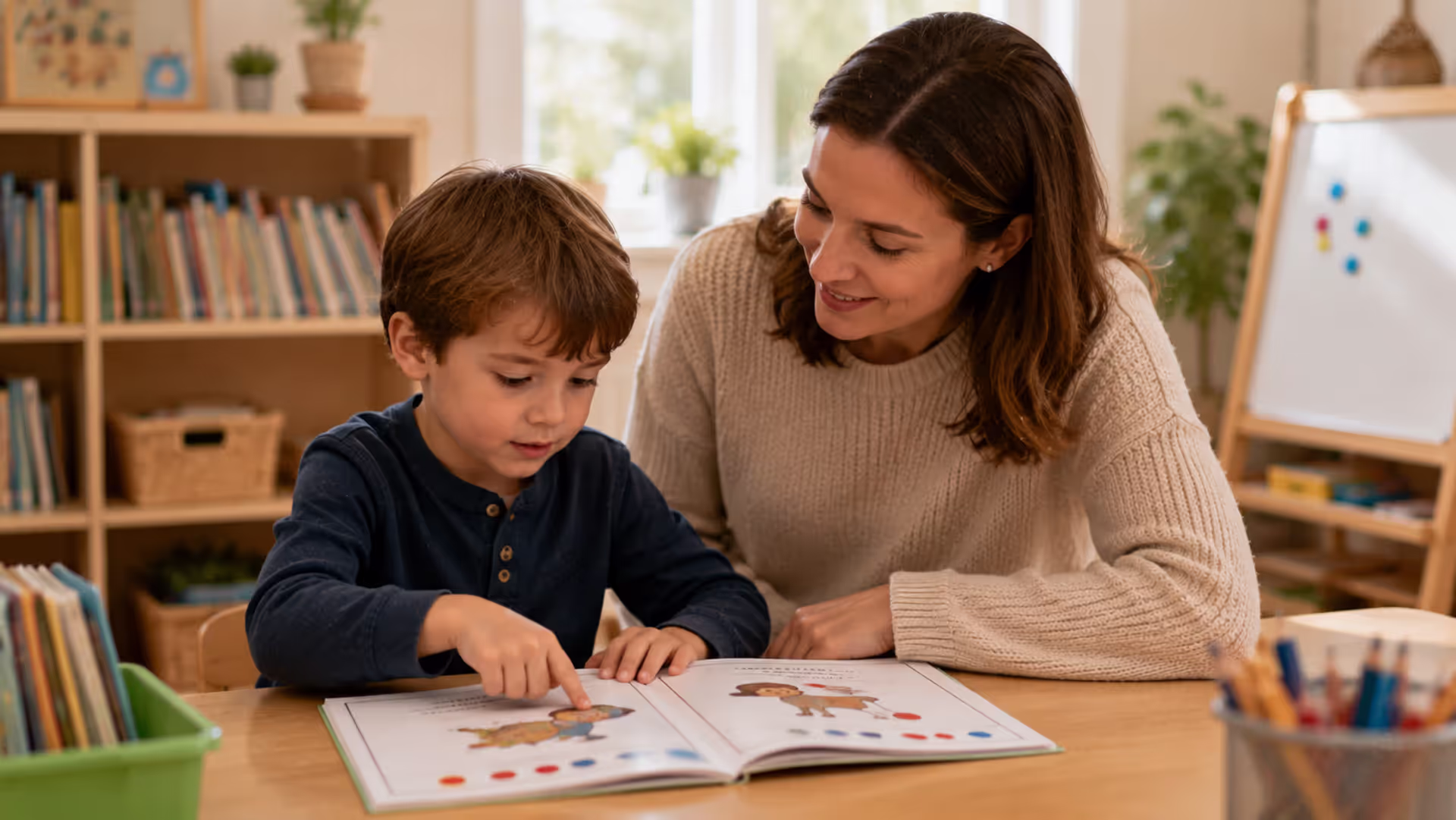 Young child reading decodable book with parent or teacher
