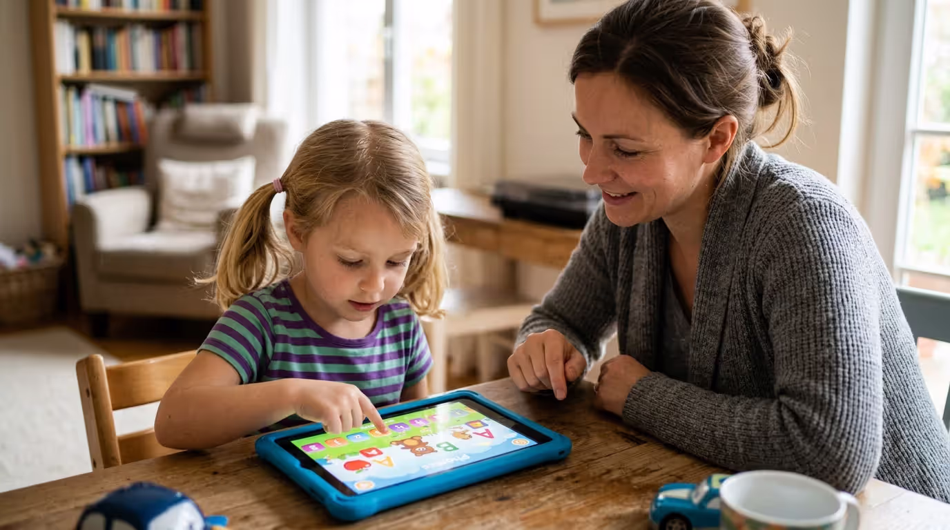 Child practicing phonics skills using interactive reading app