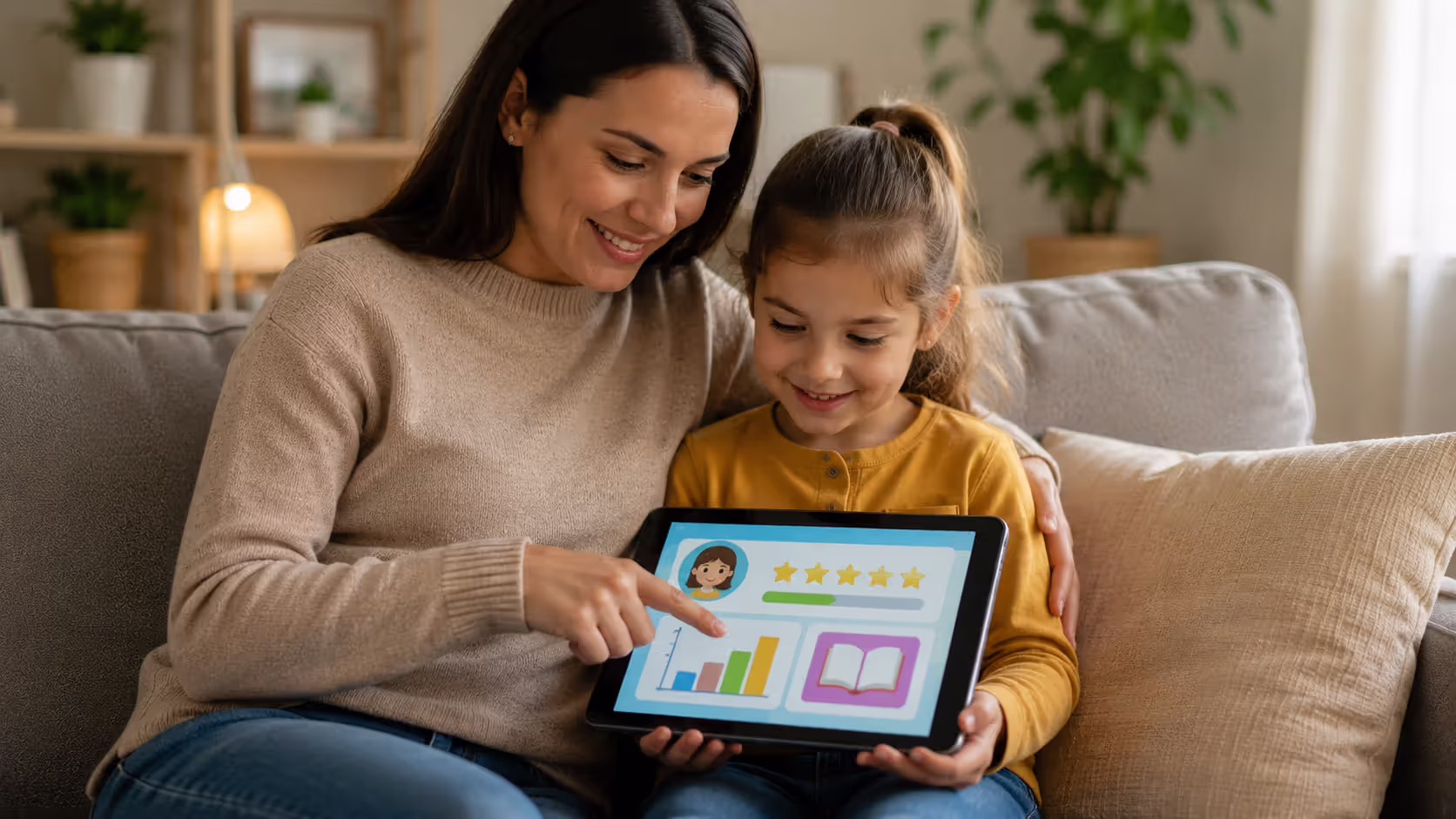 Parent helping child review progress in educational reading app