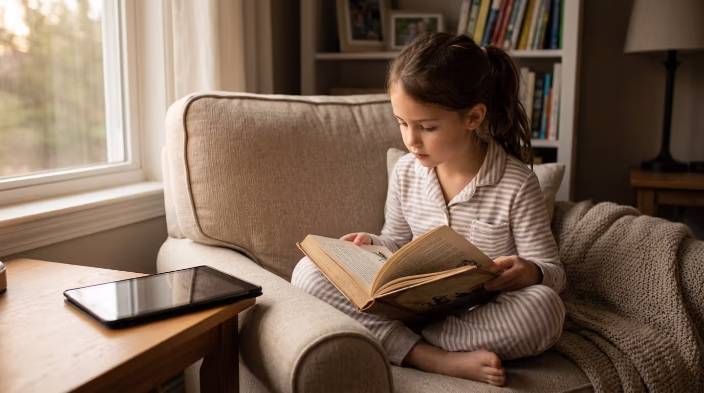 Child reading printed book after using educational reading app