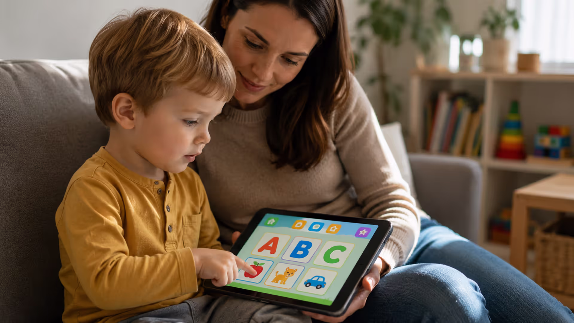 Young child using educational reading app on tablet with parent nearby