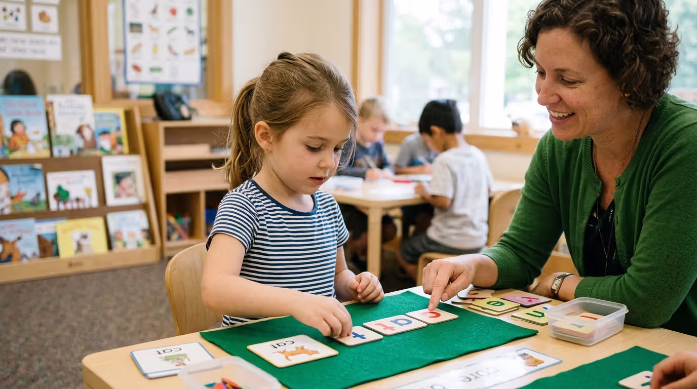 Child practicing phonics and letter-sound activities with adult support
