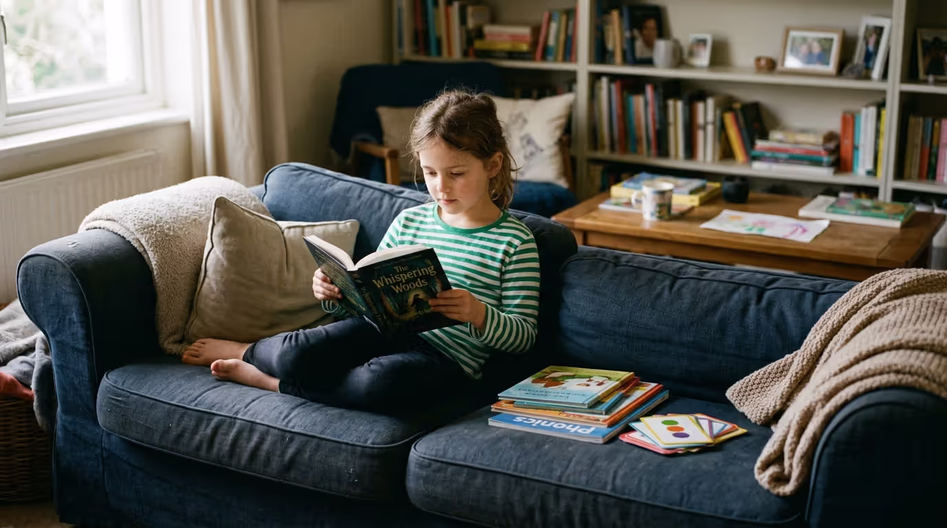 Child confidently reading book independently after literacy practice