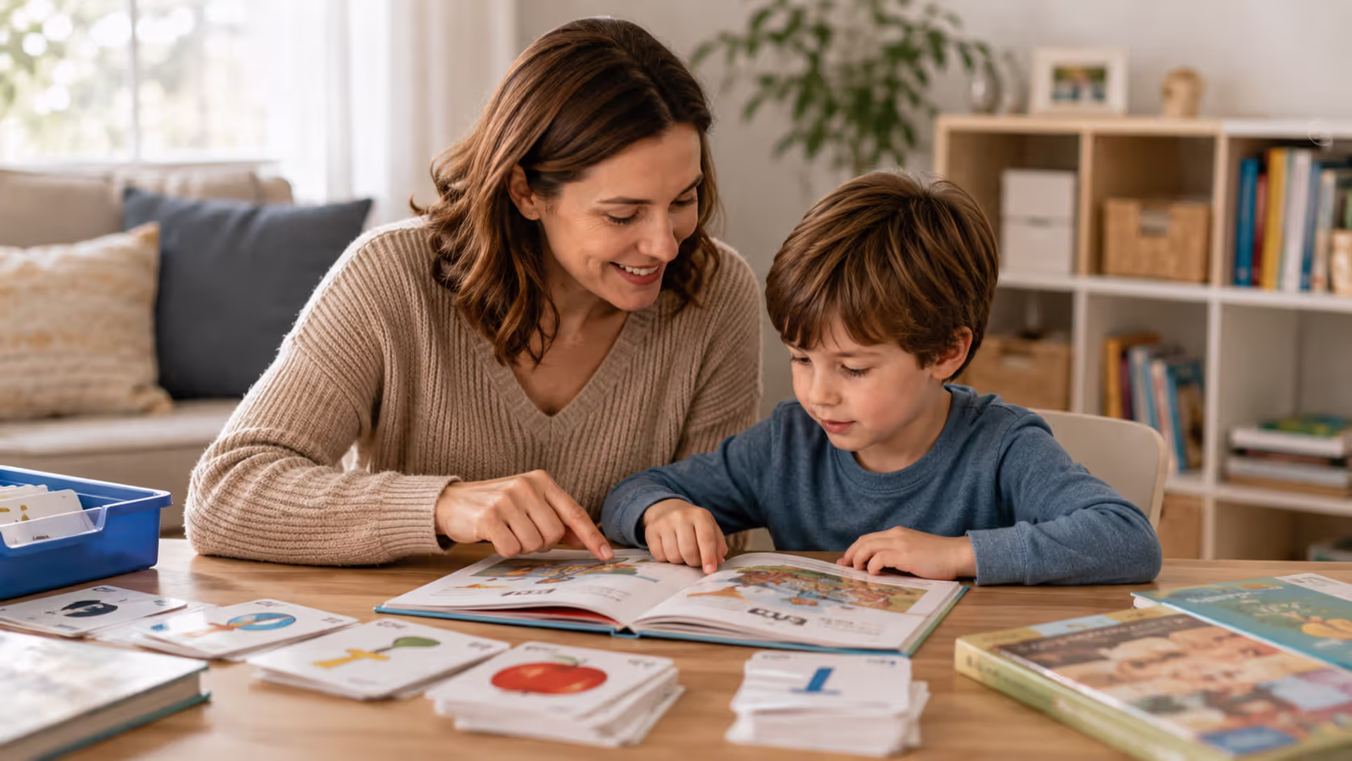 Parent helping child practice reading skills at home with literacy materials