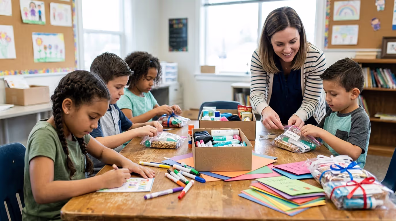Children participating in community service activity during Sunday school