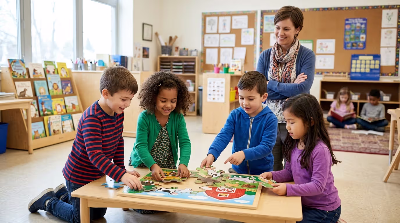 Children practicing teamwork and kindness during Sunday school activity