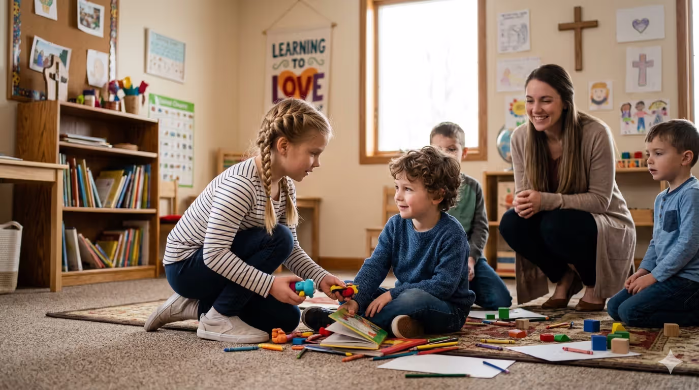 Sunday school children role-playing helping and empathy scenario