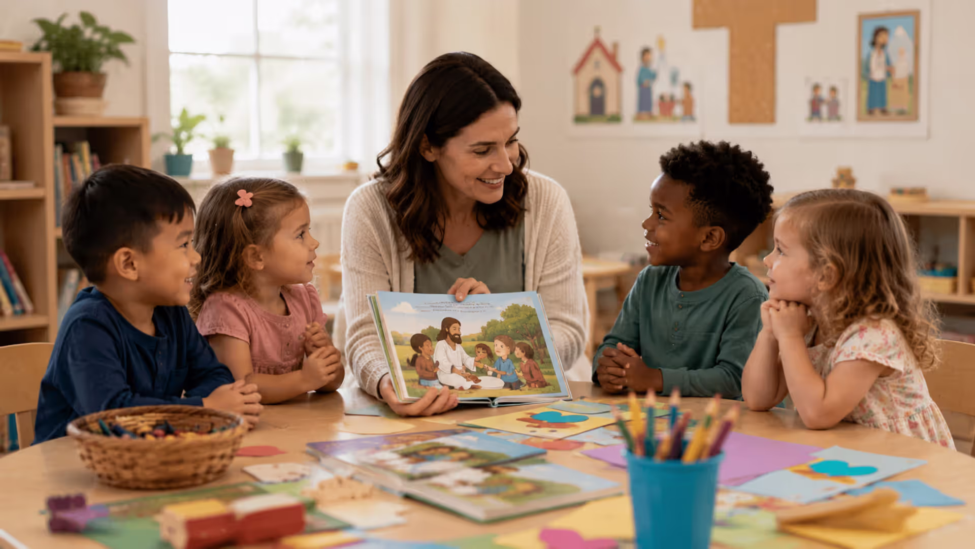 Young children participating in Sunday school classroom activities with teacher
