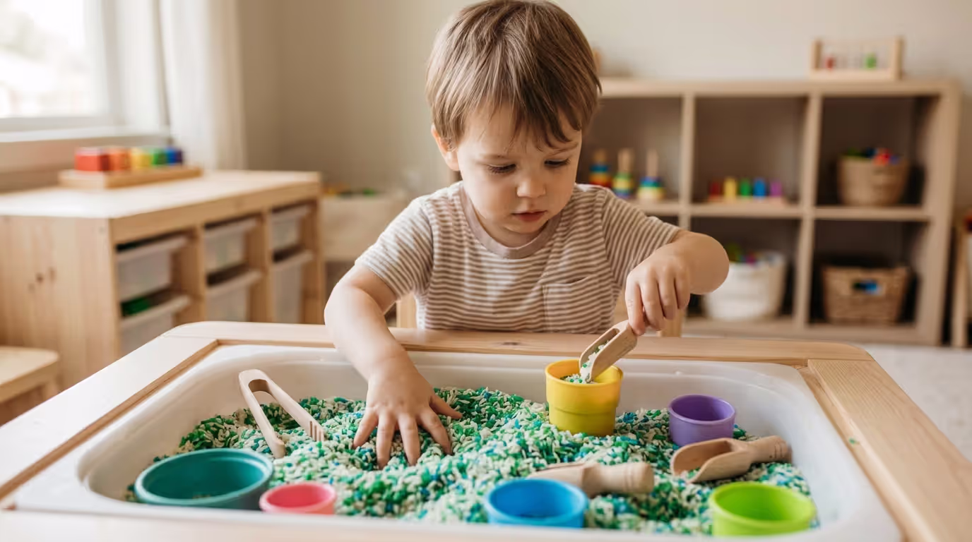 Preschool child exploring sensory bin with rice and scooping tools