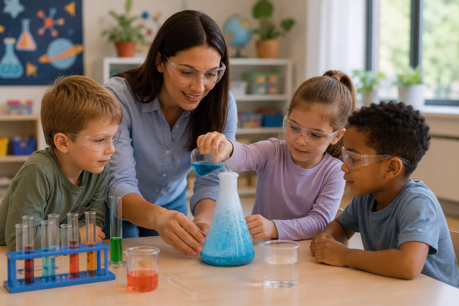 Elementary school children conducting hands-on science experiment