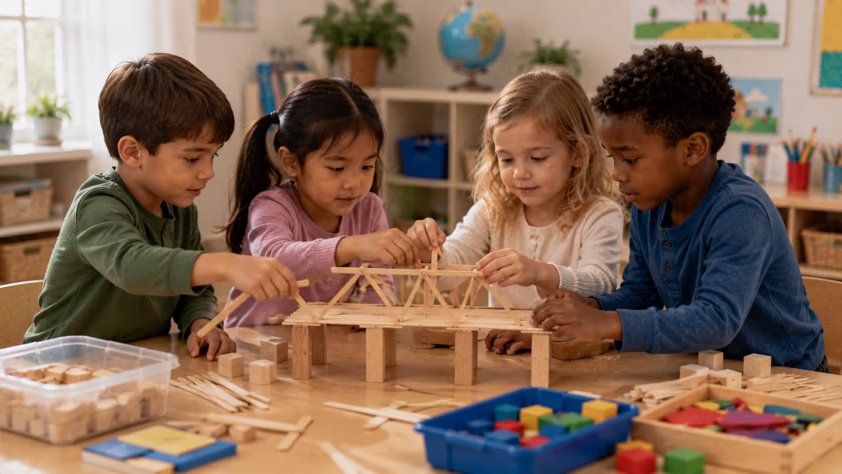 Children collaborating on hands-on building and engineering activity