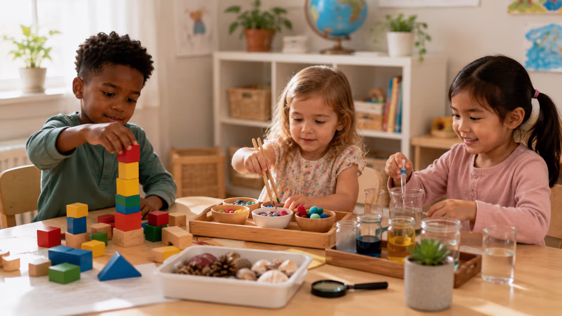 Young children engaged in hands-on learning activities with blocks and sensory materials